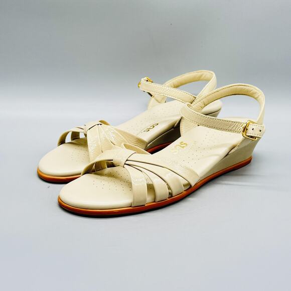 SAS Sandals Womens 7 Off White Patent Leather Comfort Wedge Ankle Strappy Shoes - Picture 4 of 14